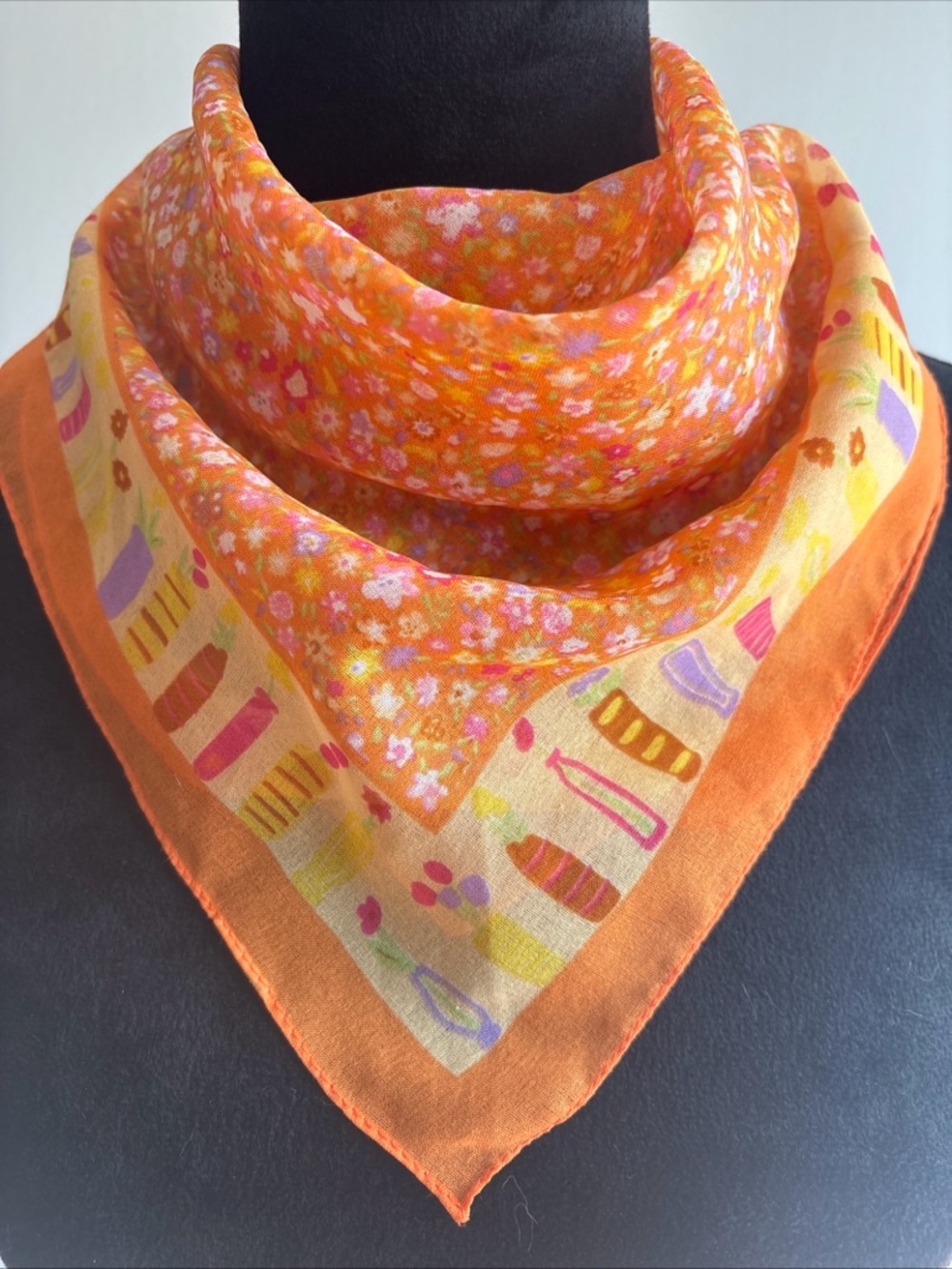 vintage 70s Square neck- head-bandanna scarf  Orange & Yellow Floral